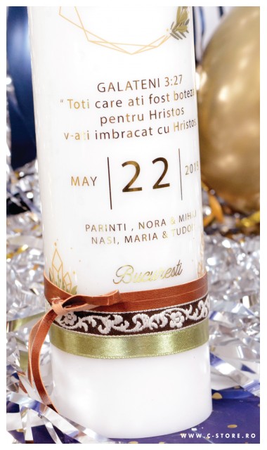 Lumanare de botez personalizata, print folio gold, 30x8cm, Iris 1